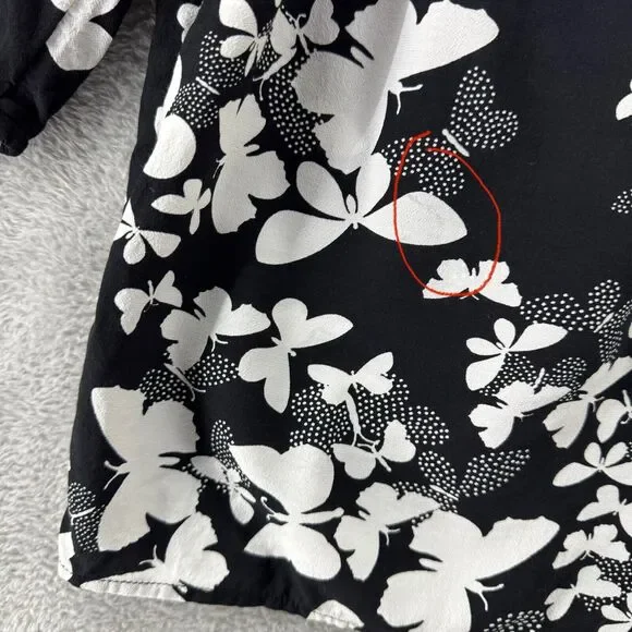 Talbots Top Womens L Black Butterfly Smocked Scoop Neck 3/4 Sleeves Elastic Cuff - Picture 15 of 15